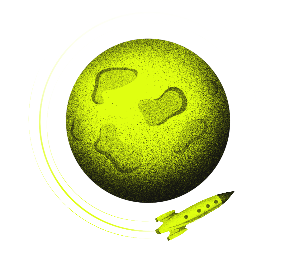 Bild på en jordglob i neongrön med ett rymdskepp som åker runt 