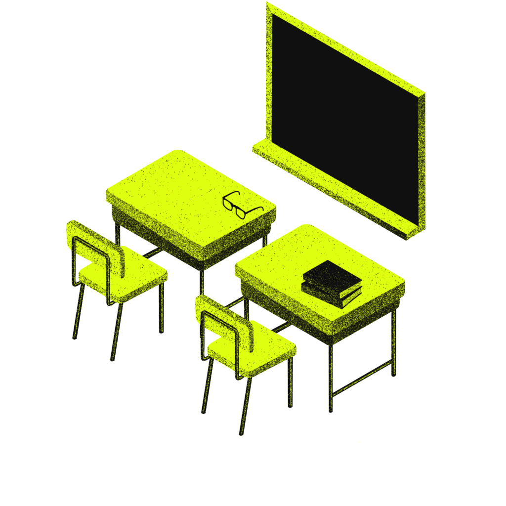 En tecknad bild på två skrivbord med stolar och en griffeltavla