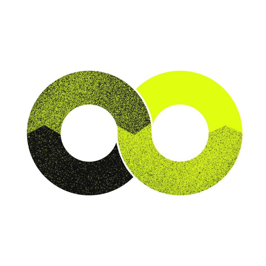 Två cirklar sammanslagna i svart, grön och neangrön